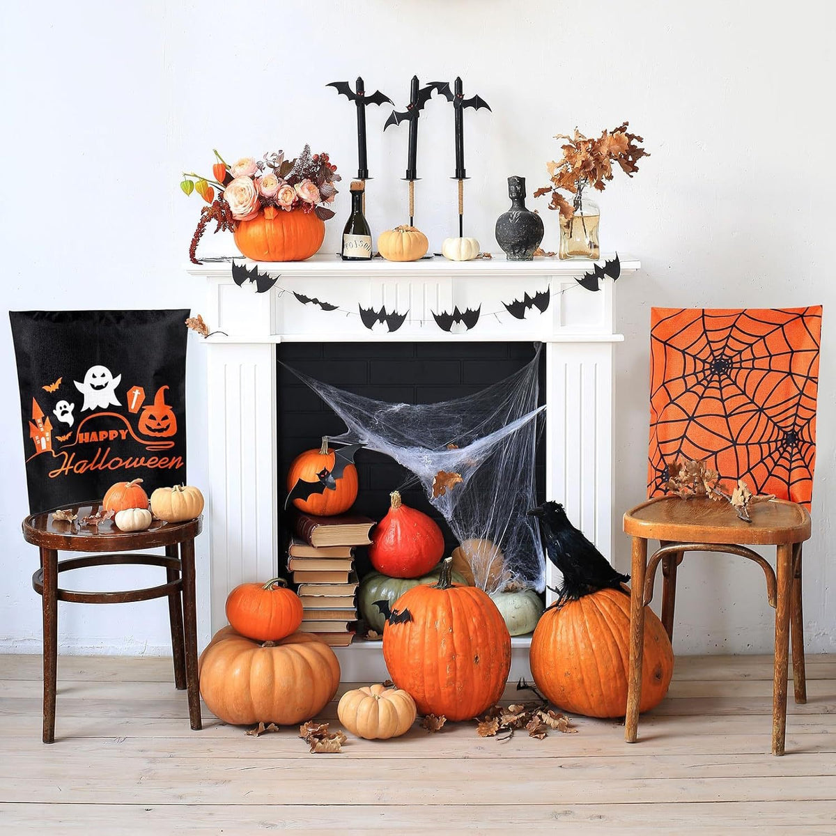 festliche Halloween-Stuhlhussen aus dehnbarem Polyester mit Hexenhut- und Schriftzug-Motiv