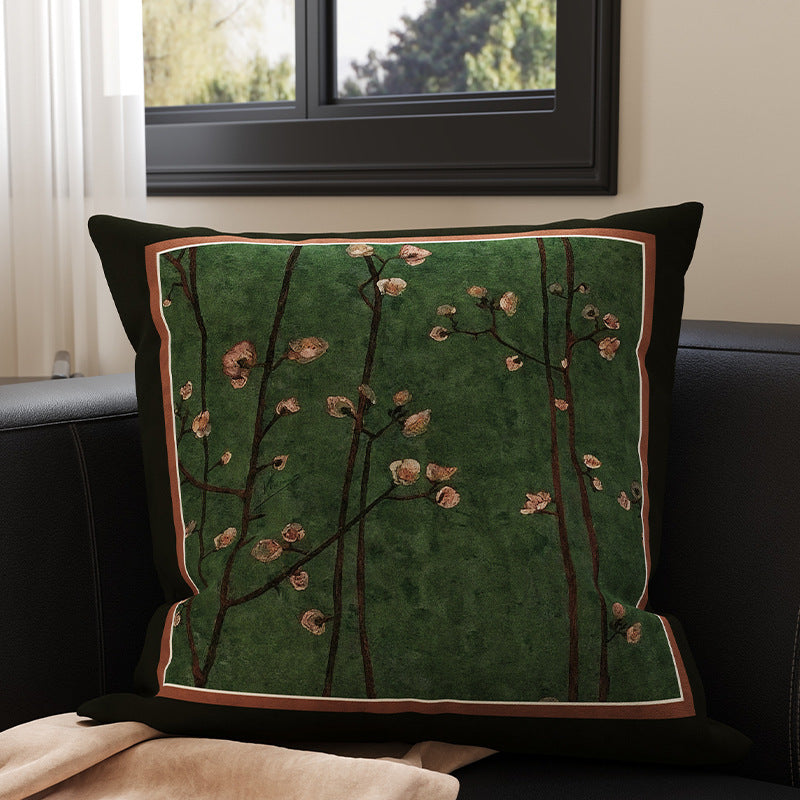 Square Velvet Accent Pillow Cover with Vintage Botanical Tapestry Print and Contrast Border