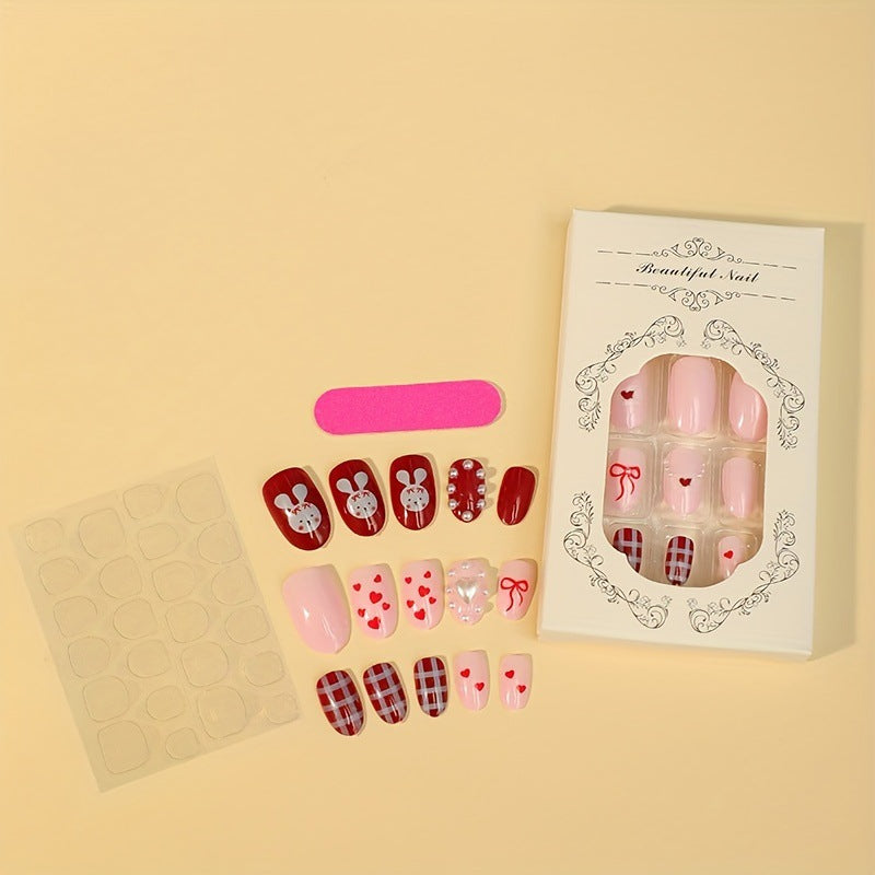 Kreatives Kunstnagelset mit niedlichen Hasen- und Herzen-Motiven Brehn