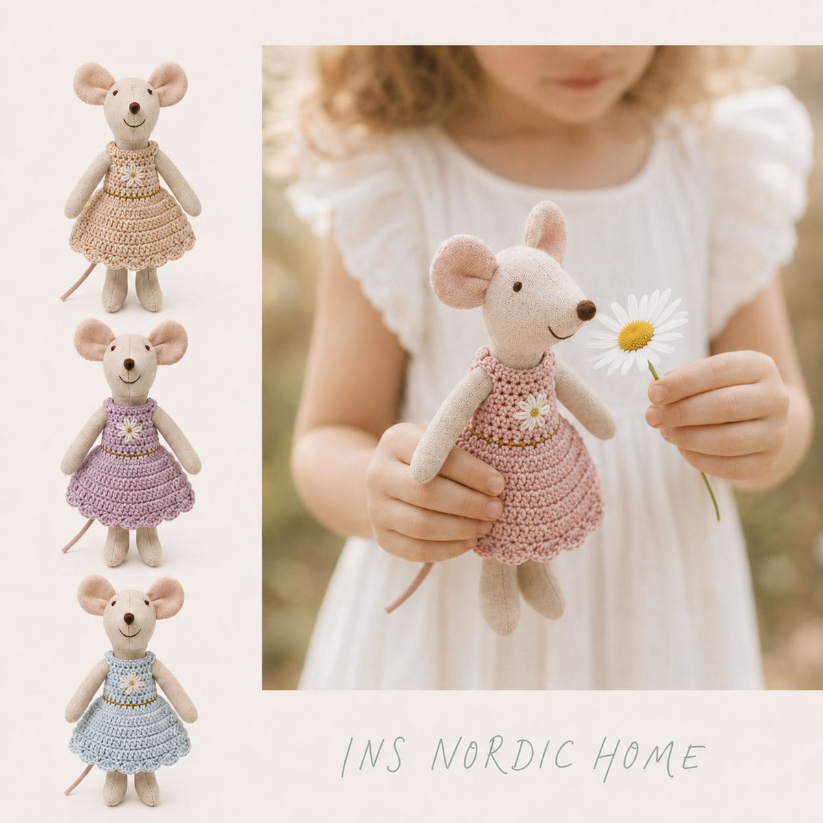 Miniatur handgenähte Leinenmaus Plüschtier mit gehäkeltem Kleid