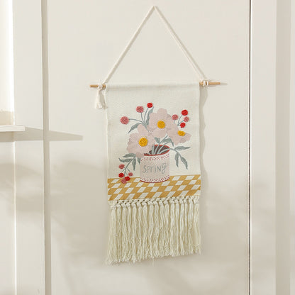 Wandbehang aus gewebter Baumwolle mit Punch-Needle Blumenrelief und Fransen Brehn