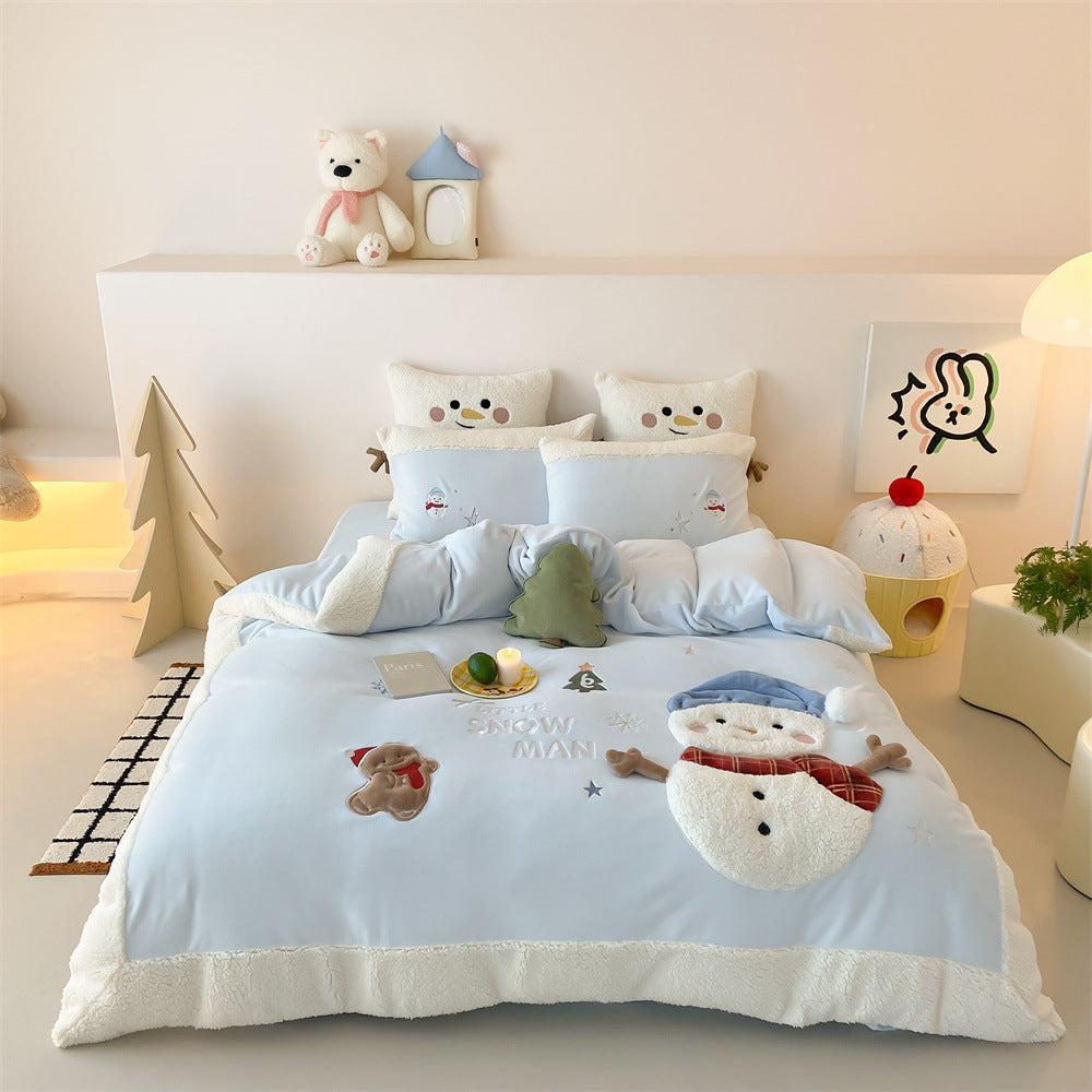 Kinderbettwäsche-Set mit Teddy-Fleece-Kante und dreidimensionalen Schneemann-Applikationen