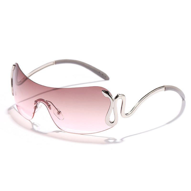 Damen modische futuristische Sonnenbrille mit geschwungenem Rahmen Brehn