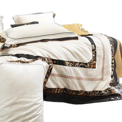 Luxuriöses Jacquard-Damaskus-Baumwollsatin-Bettbezug-Set mit Umschlag-Kissenbezügen