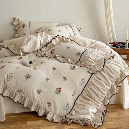 Gesticktes Floral Rüsch Bettbezug Set