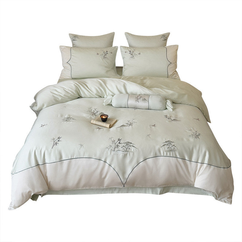 Besticktes botanisches Satin-Bettbezug-Set mit gewelltem Rand und tiefen Ecken