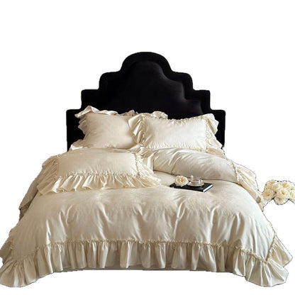 Rüsch Satin Jacquard Bettbezug Set mit gerafftem Rand und Kissenbezügen