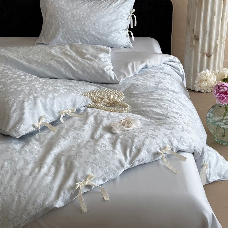 Jacquard Florales Knotenverschluss Bettbezug Set mit Satineinbettlaken und Bändchen