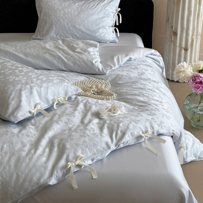 Jacquard Florales Knotenverschluss Bettbezug Set mit Satineinbettlaken und Bändchen