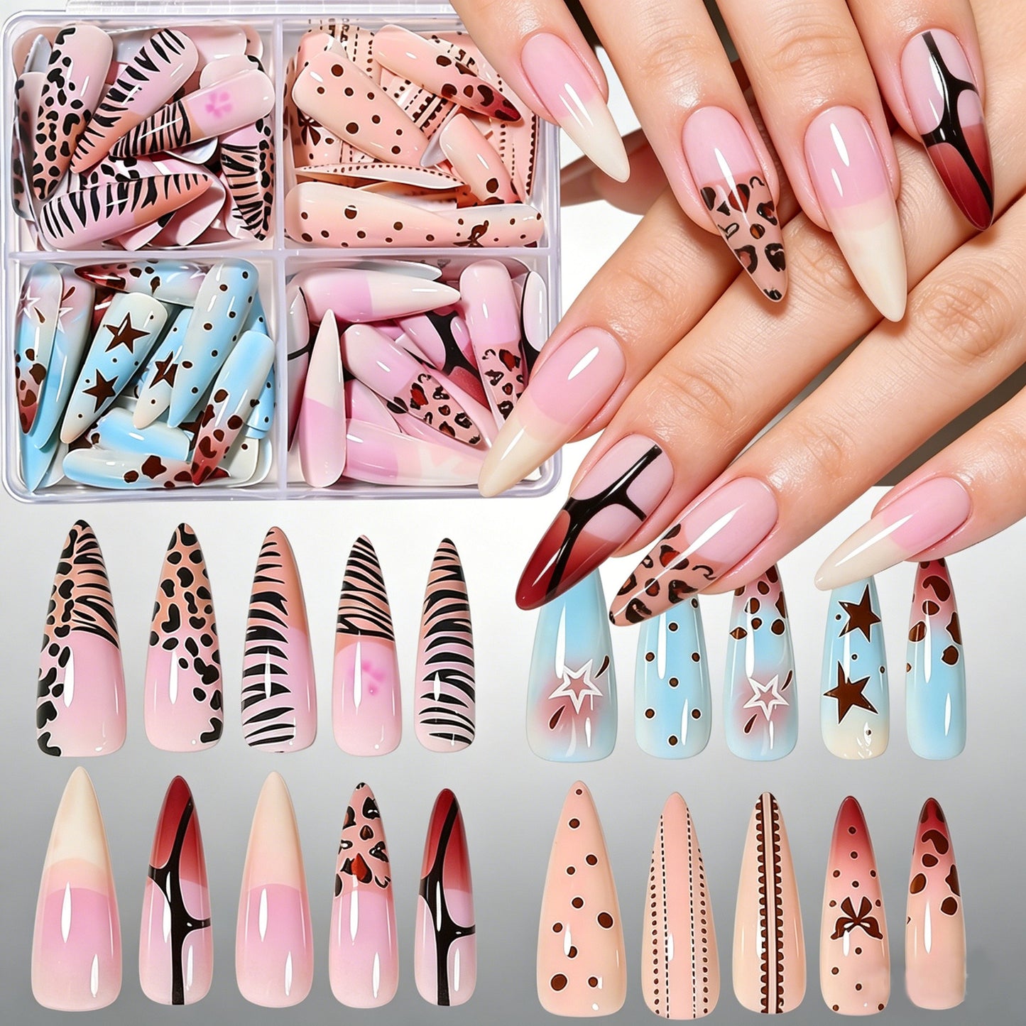 Künstlerisches Langes Stiletto Press-On Nagelset Brehn