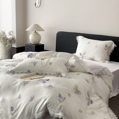 Bettwäsche-Set aus Satin mit Schmetterlingsmuster und Spitzenrand