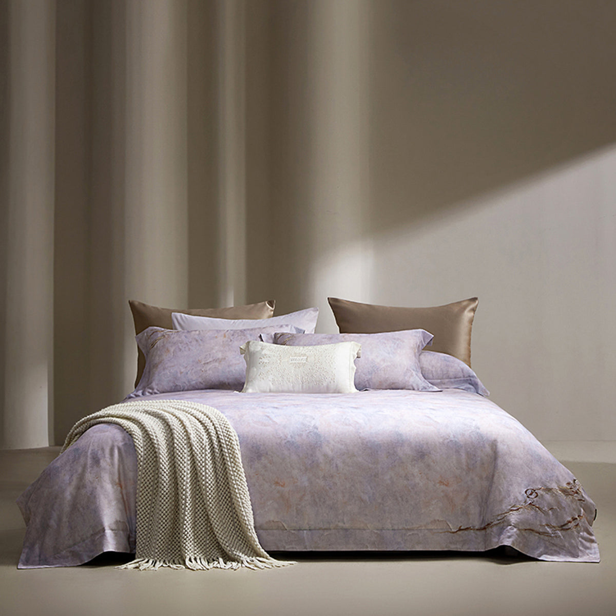 Marmoreffekt Baumwoll-Satin Bettbezug Set mit Strickdecke und Oxford-Kissenbezügen