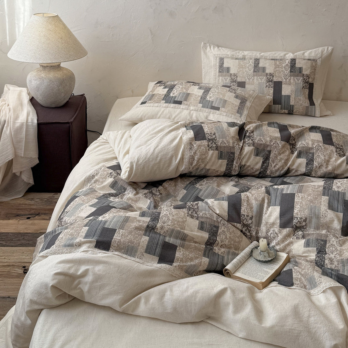 Patchwork gesteppte Bettbezugset mit Leinen-Mischung Percale Kissenbezügen