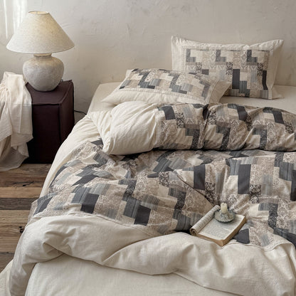 Patchwork gesteppte Bettbezugset mit Leinen-Mischung Percale Kissenbezügen