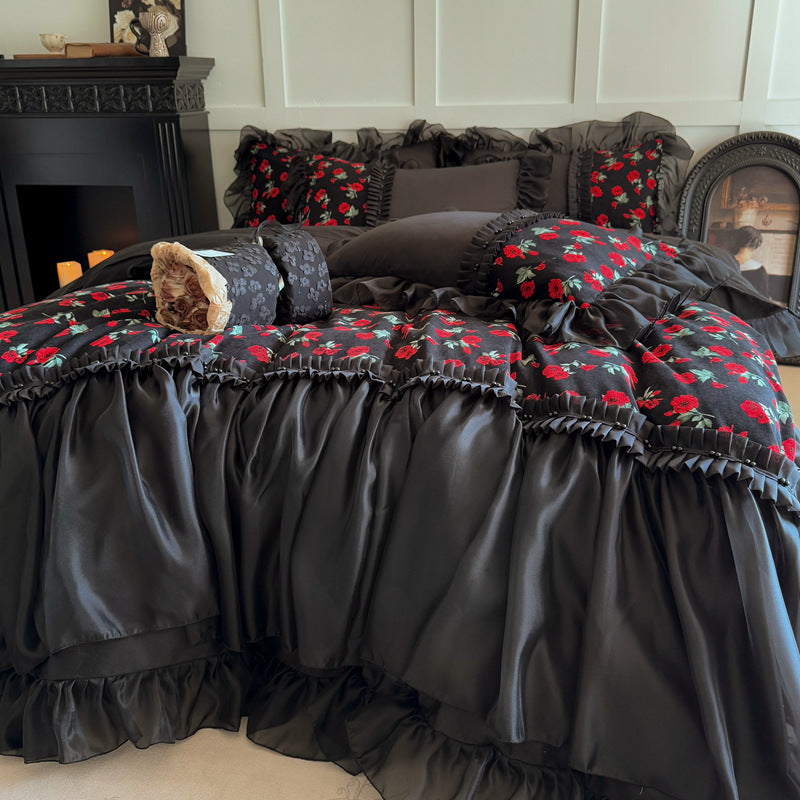 Luxuriös Romantisch Rüsch Floral Satin Bettwäsche Set