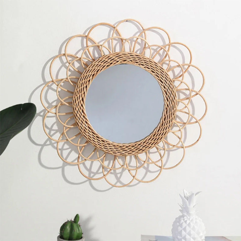 Eleganter Runder Wandspiegel Aus Natürlichem Rattan Brehn