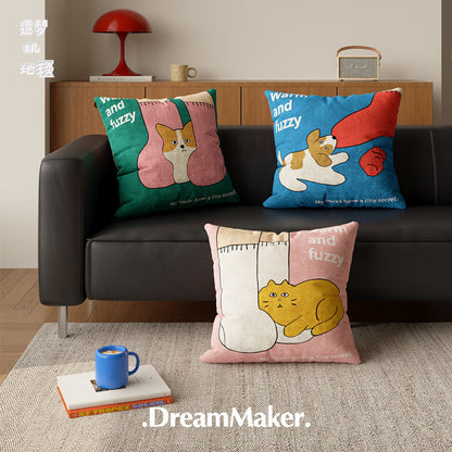 Plush Decorative Square Throw Pillow Cover with Cartoon Cat and Cozy Sock Illustration