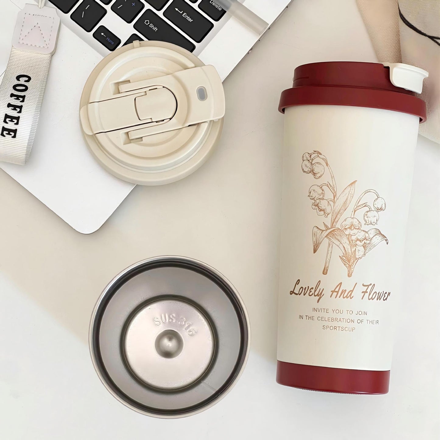 Damen Reisebecher mit eleganter Blumenillustration Brehn