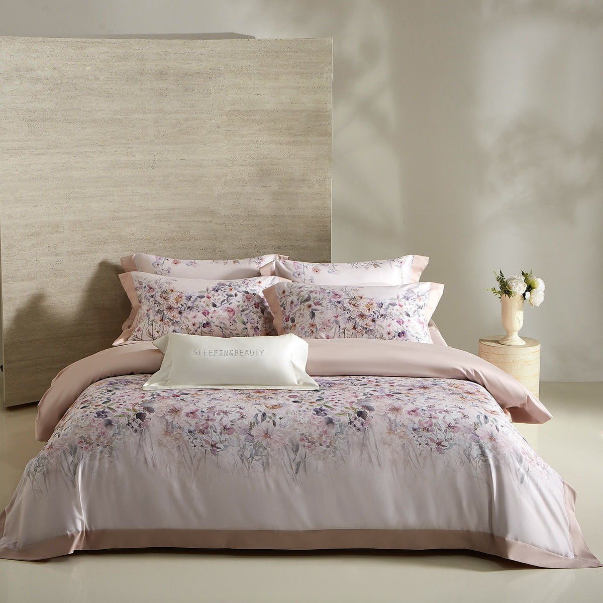 Blumen-Aquarell Baumwollsatin Bettbezug Set mit verstecktem Reißverschluss & bestickten Kissenbezügen