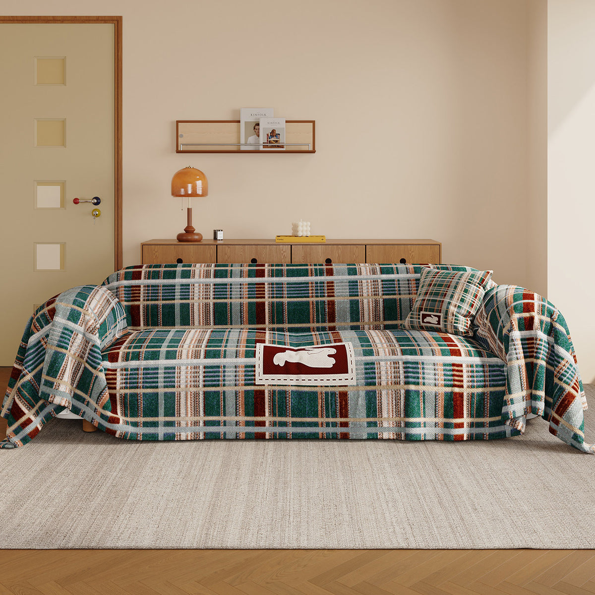 Brushed Microfiber Plaid Sofa Slipcover Throw with Bunny Appliqué and Removable Cushion Cover