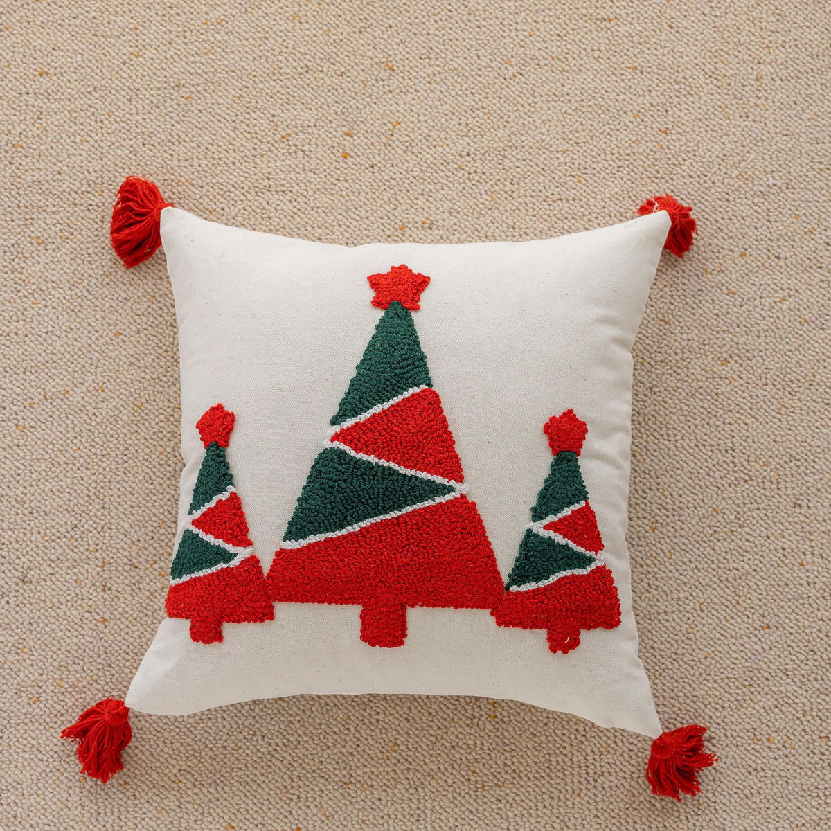 Urlaubs-Tufted-Chenille-Quadrat-Wurfkissen mit erhöhtem Baum-Motiv und verstecktem Reißverschluss