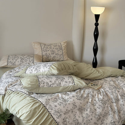 Floral Baumwolle-Leinen Wendebettbezug Set mit Rüsche, Kontrastpaspel und dekorativen Schleifen-Kissenbezügen