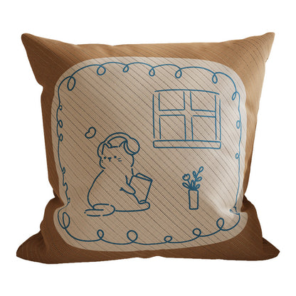 Square Cotton-Linen Decorative Throw Pillow Cover with Minimalist Reading Cat Line Art and Hidden Zipper