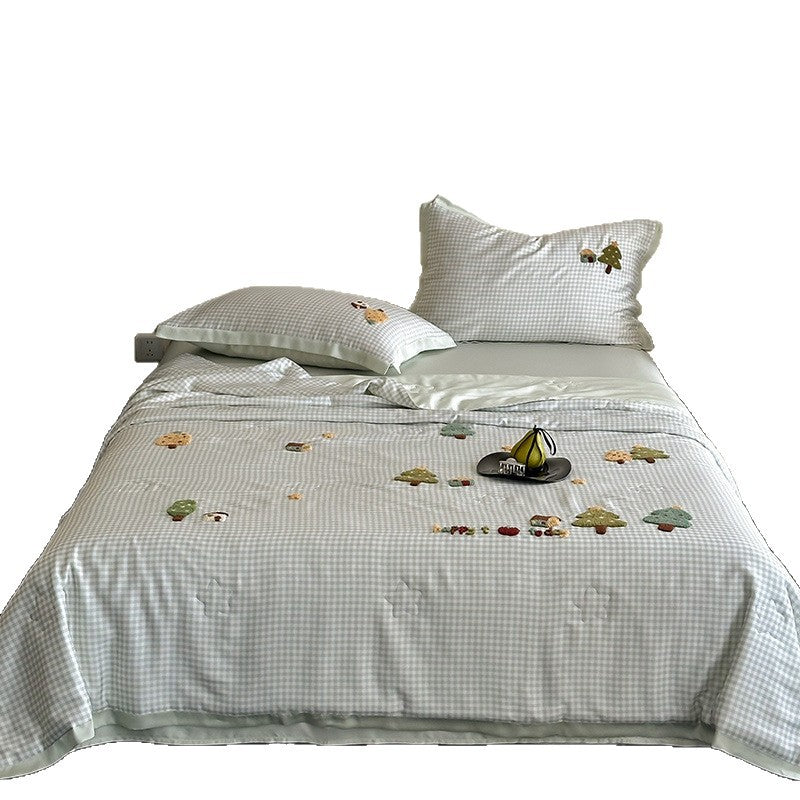 Bettwäsche-Set mit bestickten Teddy-Motiven und feinem Vichy-Karo
