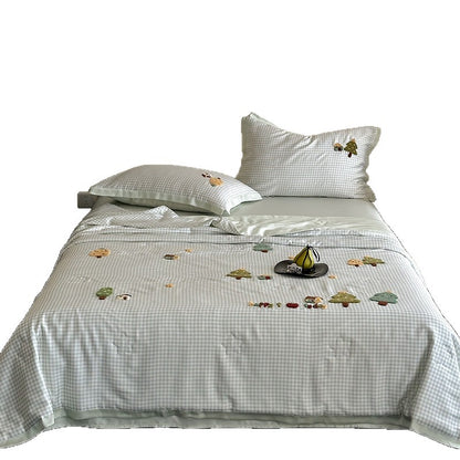 Bettwäsche-Set mit bestickten Teddy-Motiven und feinem Vichy-Karo