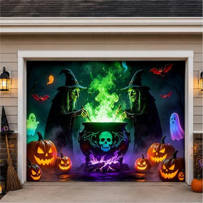 Großformatiger Halloween-Fotohintergrund aus wetterfestem Polyester mit geöstem Befestigungsrand und leuchtendem Haunted-House-Motiv