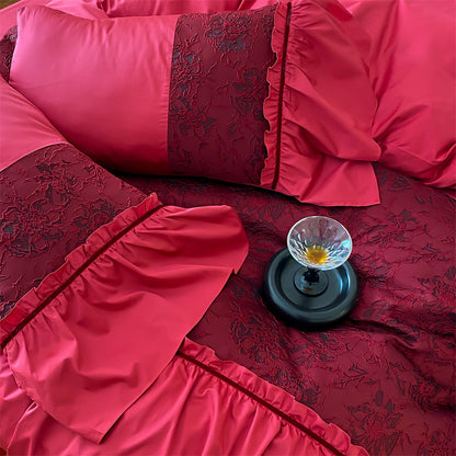 Luxuriöses Satin-Bettwäsche-Set mit Rüschen und Spitzenapplikation