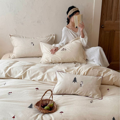 Besticktes organisches Leinen-Bettbezug-Set mit Waldmotiv-Details