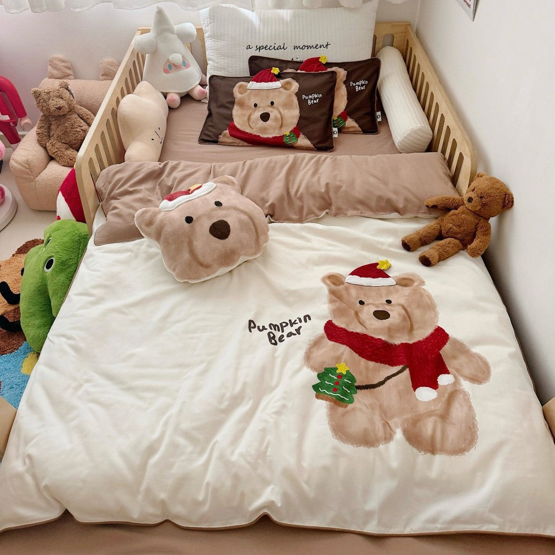 Kinder-Bettwäsche-Set mit kuscheliger Plüschapplikation und Teddybär-Kürbismotiv