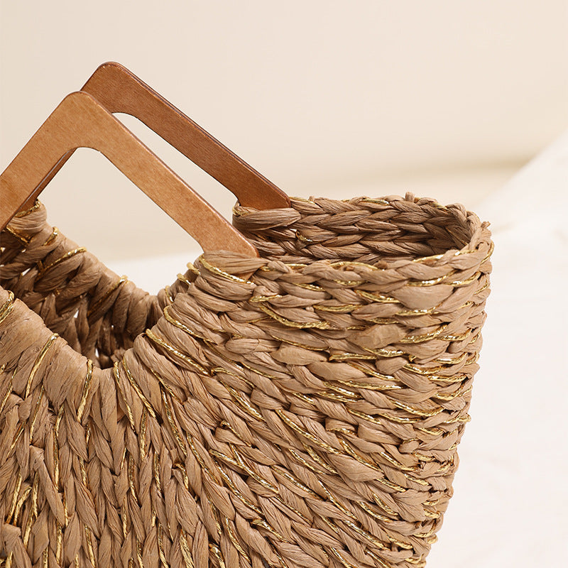 Handgefertigte Tragbare Basttasche mit Holzgriffen Brehn
