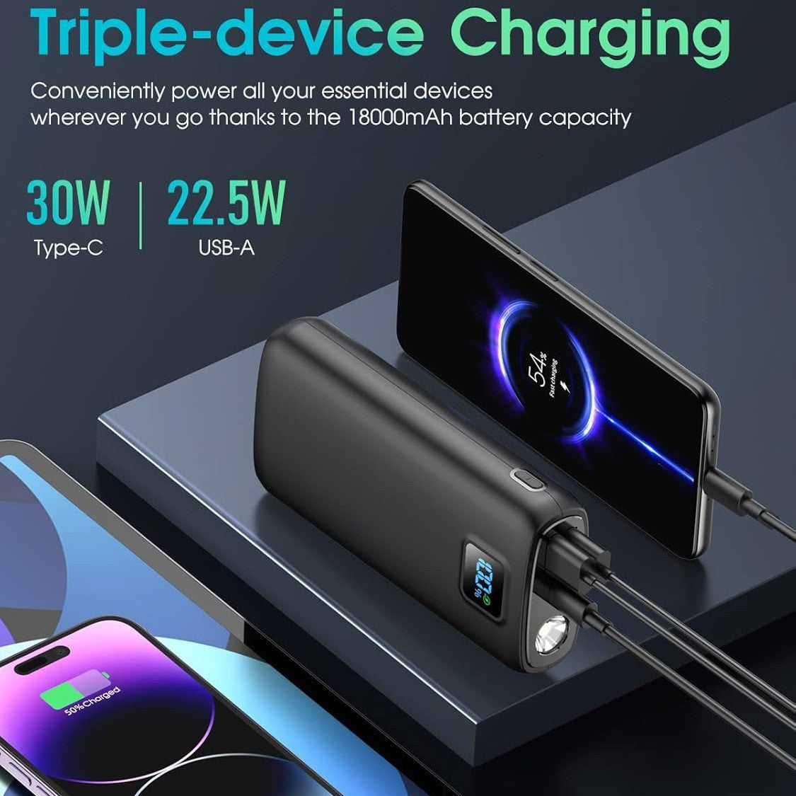 Tragbare Powerbank mit Digitaler Ladeanzeige und Led-Lampe Brehn