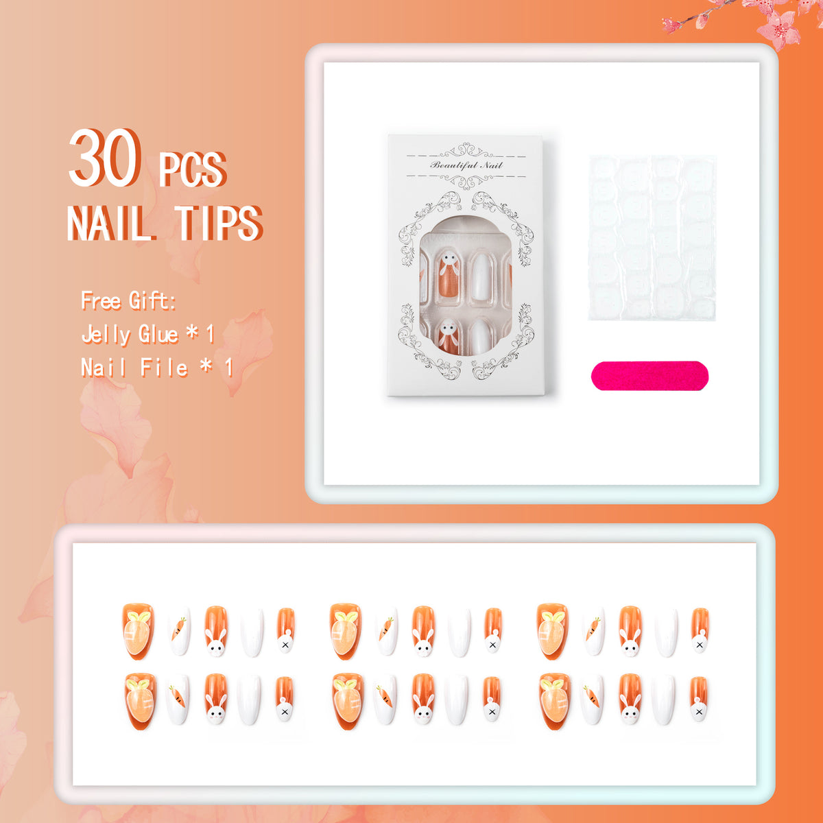Saisonale Bunny- und Karotten-Themen Press-On Nagelkunst-Set