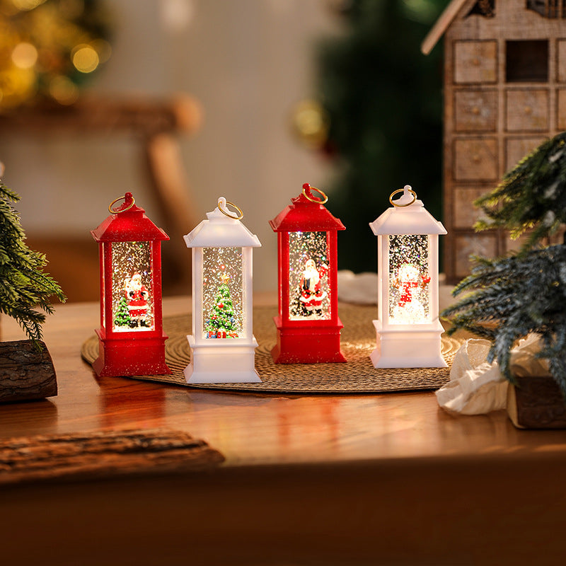 Beleuchtete Weihnachtslaterne mit glitzerndem Schneemann-Szenario Brehn