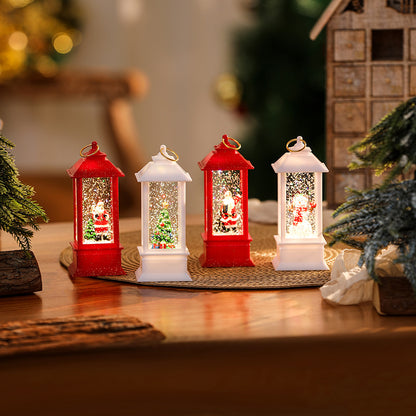 Beleuchtete Weihnachtslaterne mit glitzerndem Schneemann-Szenario Brehn