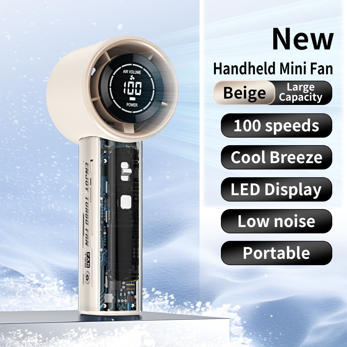 Unisex nan kompakter Mini-Handventilator mit LED-Anzeige, stufenloser Geschwindigkeitsregelung und geräuscharmem Motor Brehn