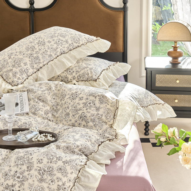 Vintage Floral Ruffled Bettbezug Set mit Swiss-Dot Rüsche