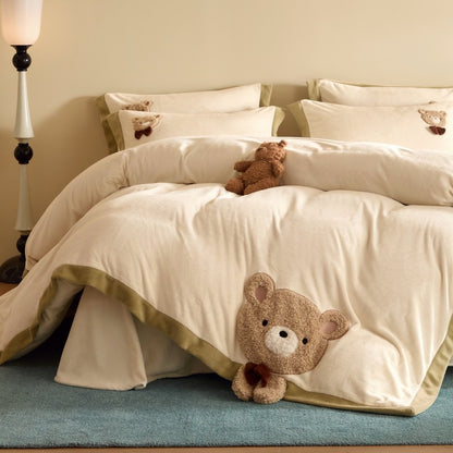 Plüsch Teddy Applikation Baumwolle Bettbezug Set