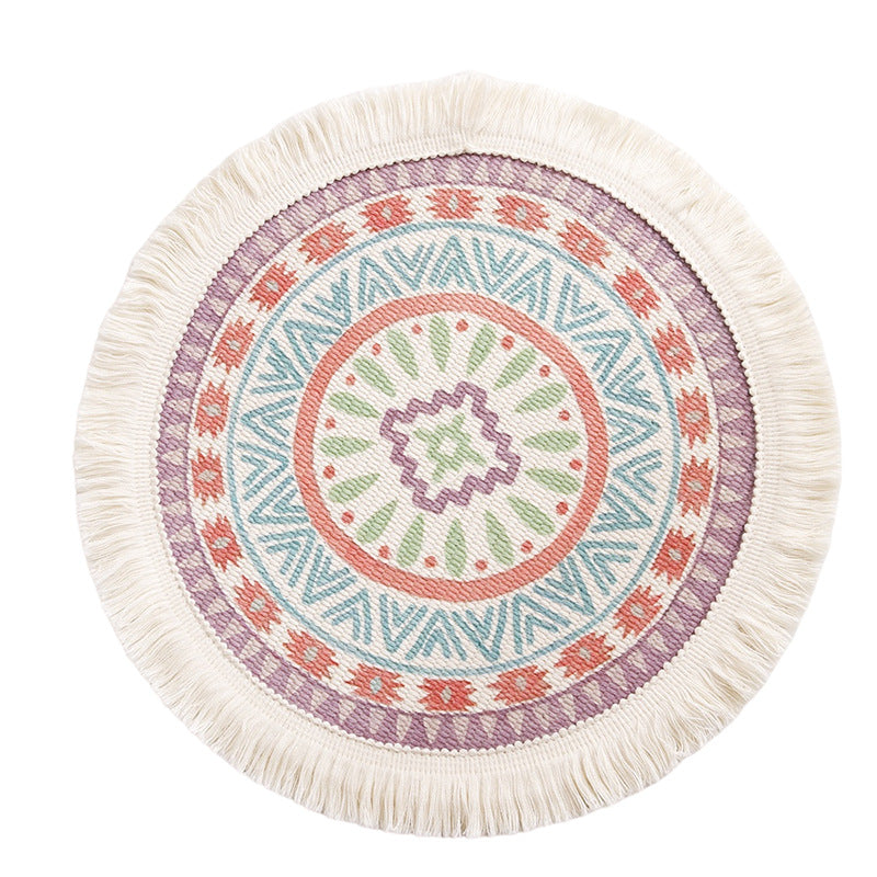 Runder flachgewebter Baumwoll-Teppich mit Mandala-Motiv und dekorativen Fransen Brehn