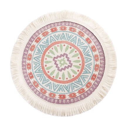 Runder flachgewebter Baumwoll-Teppich mit Mandala-Motiv und dekorativen Fransen Brehn