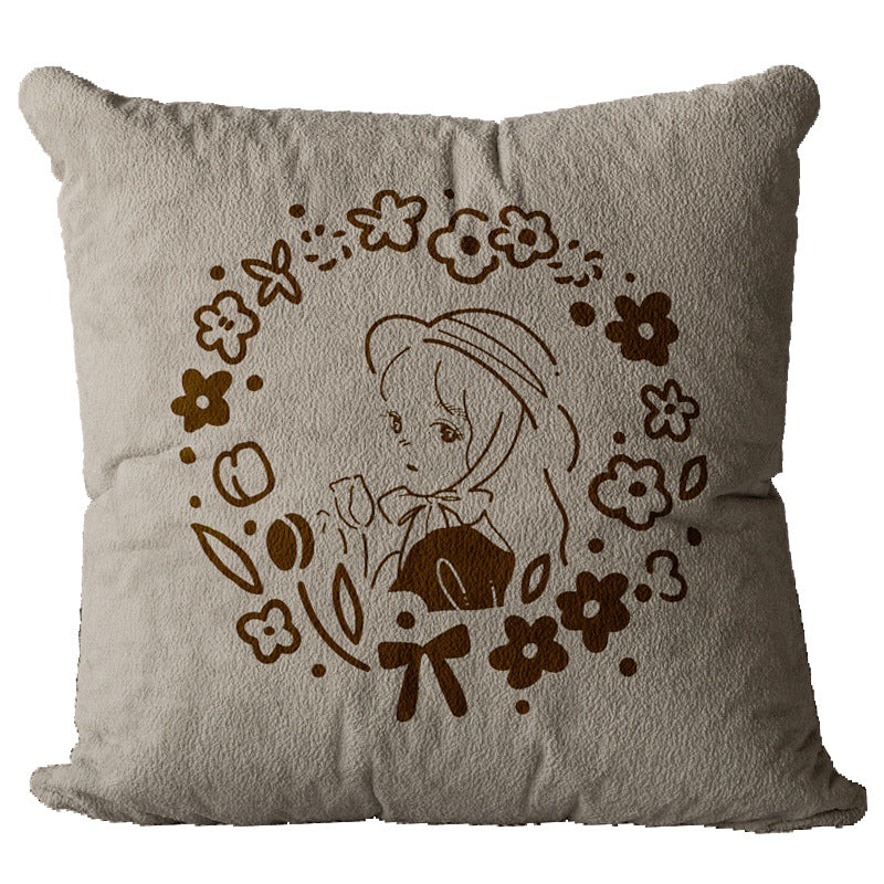 Square Plush Textured Decorative Pillow Cover with Hand-Drawn Pizza Illustration and Botanical Accents
