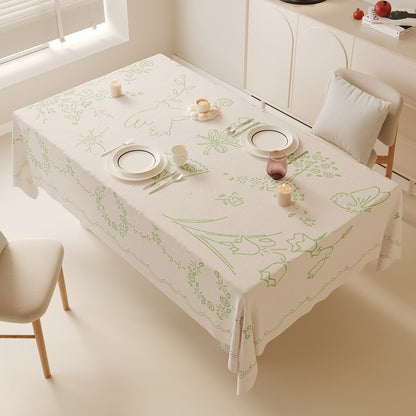 Printed Linen-Blend Rectangular Tablecloth with Botanical Line-Art and Scalloped Border