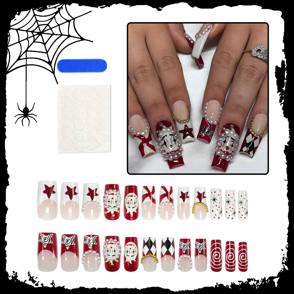 Kunstnagelset mit kreativen Horror-Mustern und glamourösen 3D-Verzierungen Brehn