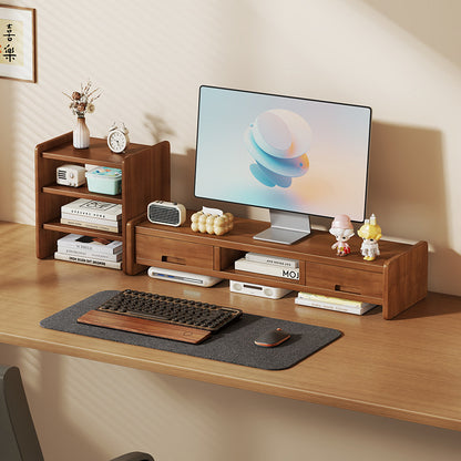 Massivholz-Monitorständer und Schreibtischorganizer mit zweistufigem Regal und Kabelmanagement