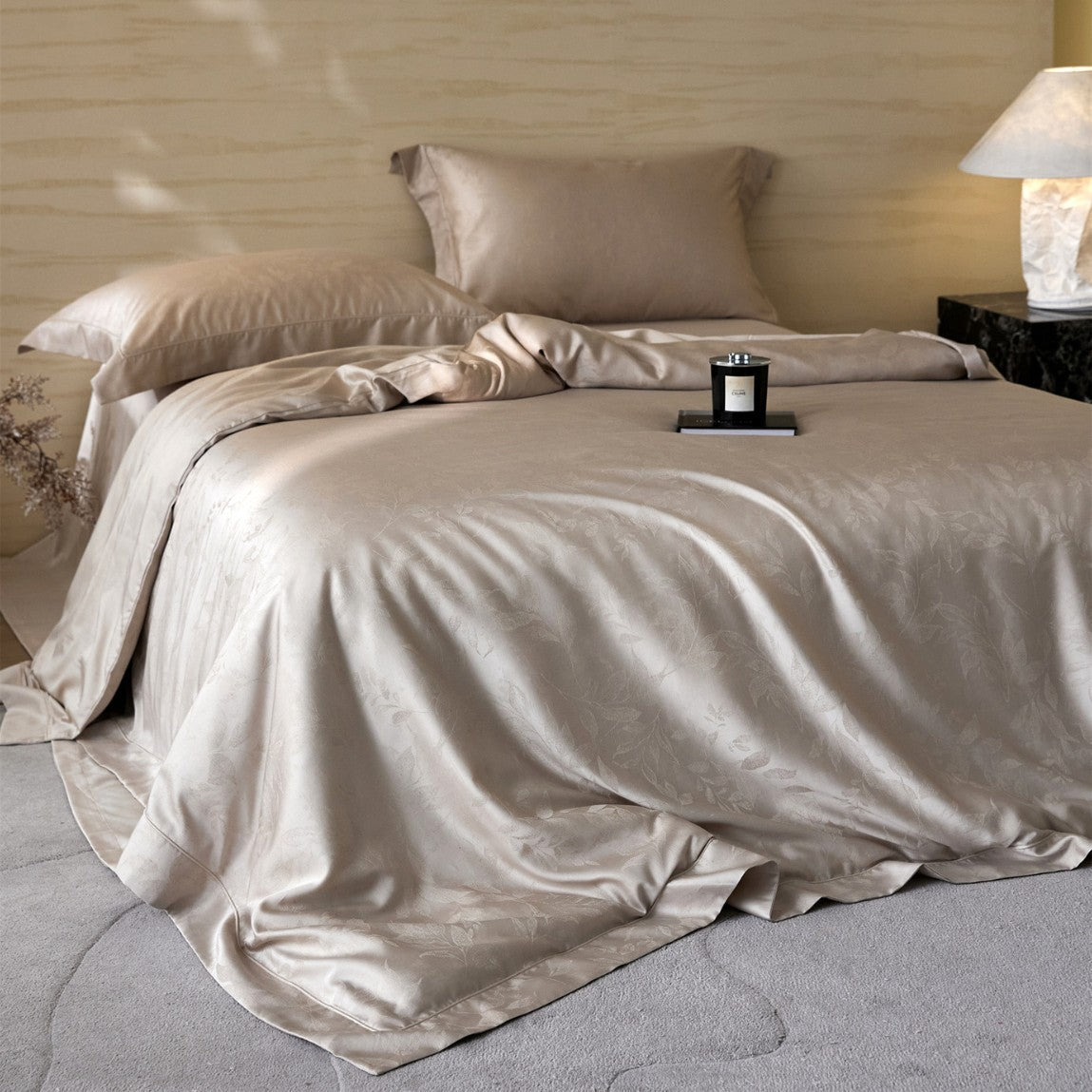 Luxus Jacquard Blattmuster Sateen Bettwäsche-Set mit verdezippertem Reißverschluss