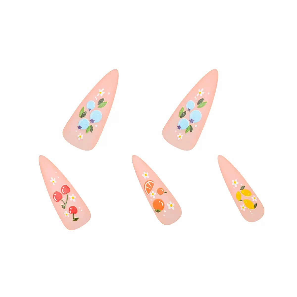 Kunstnagelset mit fruchtigen 3D-Motiven und blühenden Akzenten Brehn