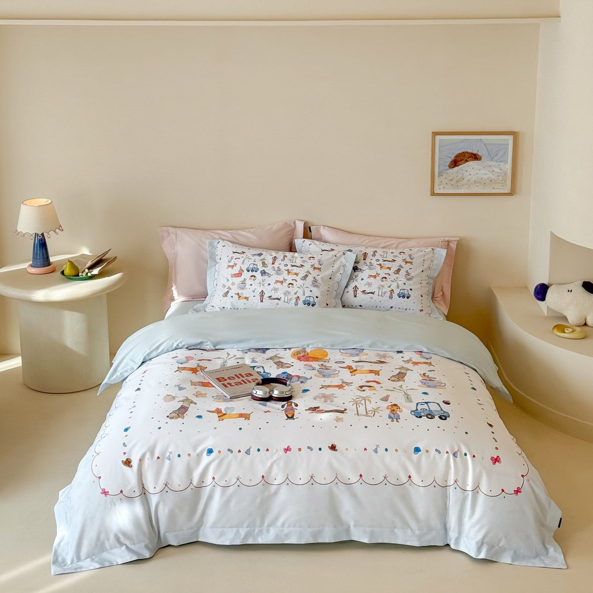 Umkehrbare Baumwollsatin Bettbezugset mit romantischem Aquarelldorf-Blumenmuster und Oxford-Kissenbezügen